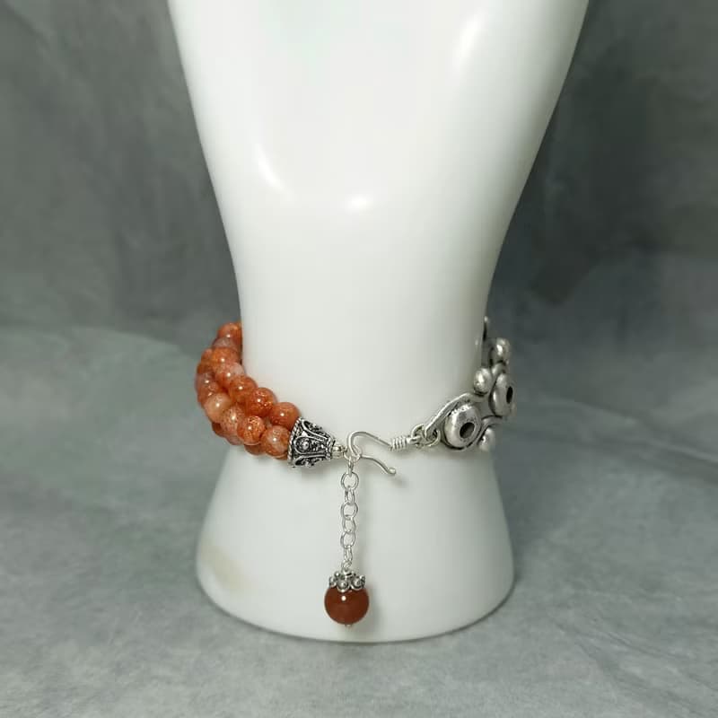 手鍊 日光石 金太陽石 含金亮礦物 三圈 紅瑪瑙 925銀飾 響鈴鐺