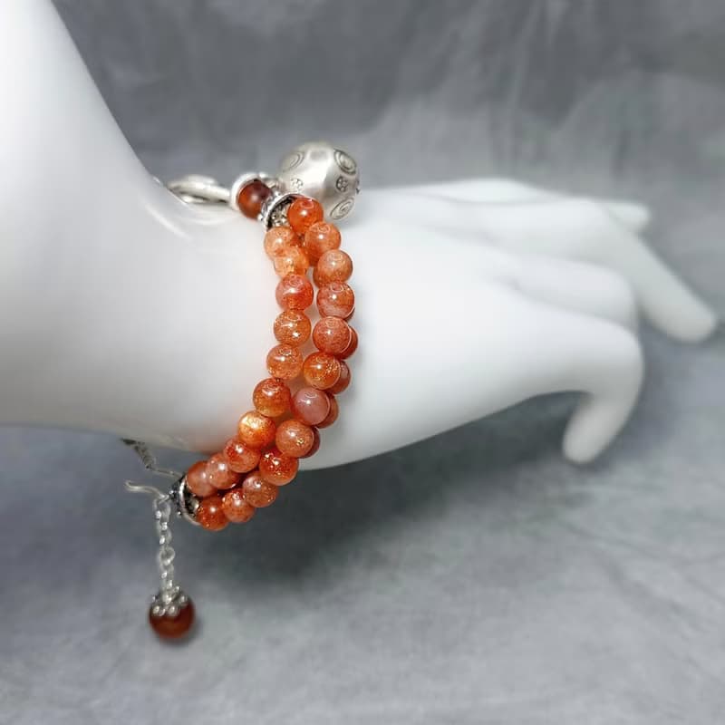 手鍊 日光石 金太陽石 含金亮礦物 三圈 紅瑪瑙 925銀飾 響鈴鐺