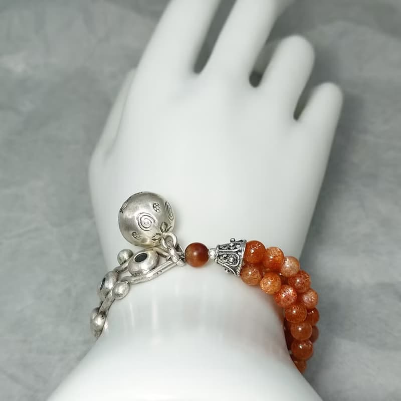 手鍊 日光石 金太陽石 含金亮礦物 三圈 紅瑪瑙 925銀飾 響鈴鐺