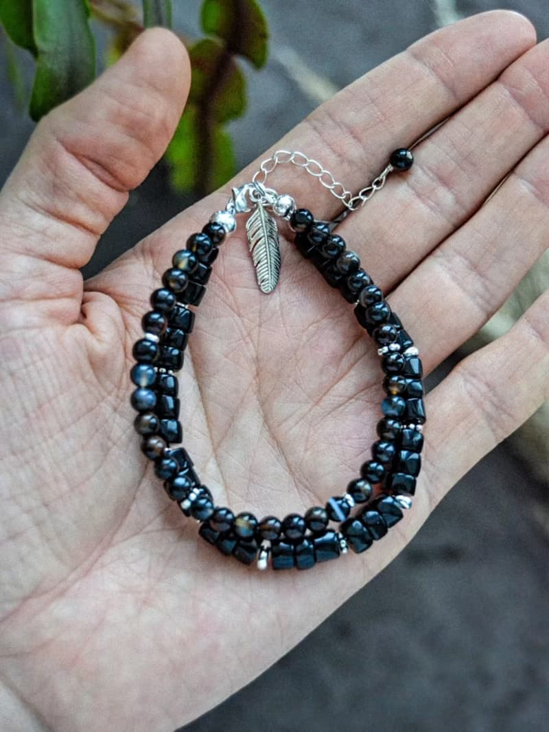 Double Black Onyx bracelet with silver feather