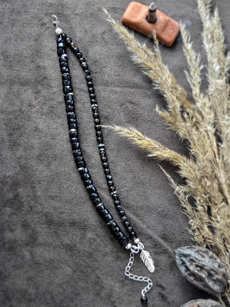 Double Black Onyx bracelet with silver feather