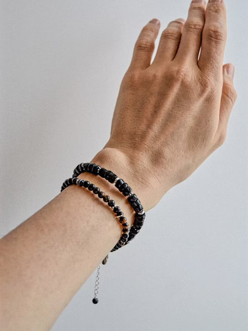 Double Black Onyx bracelet with silver feather