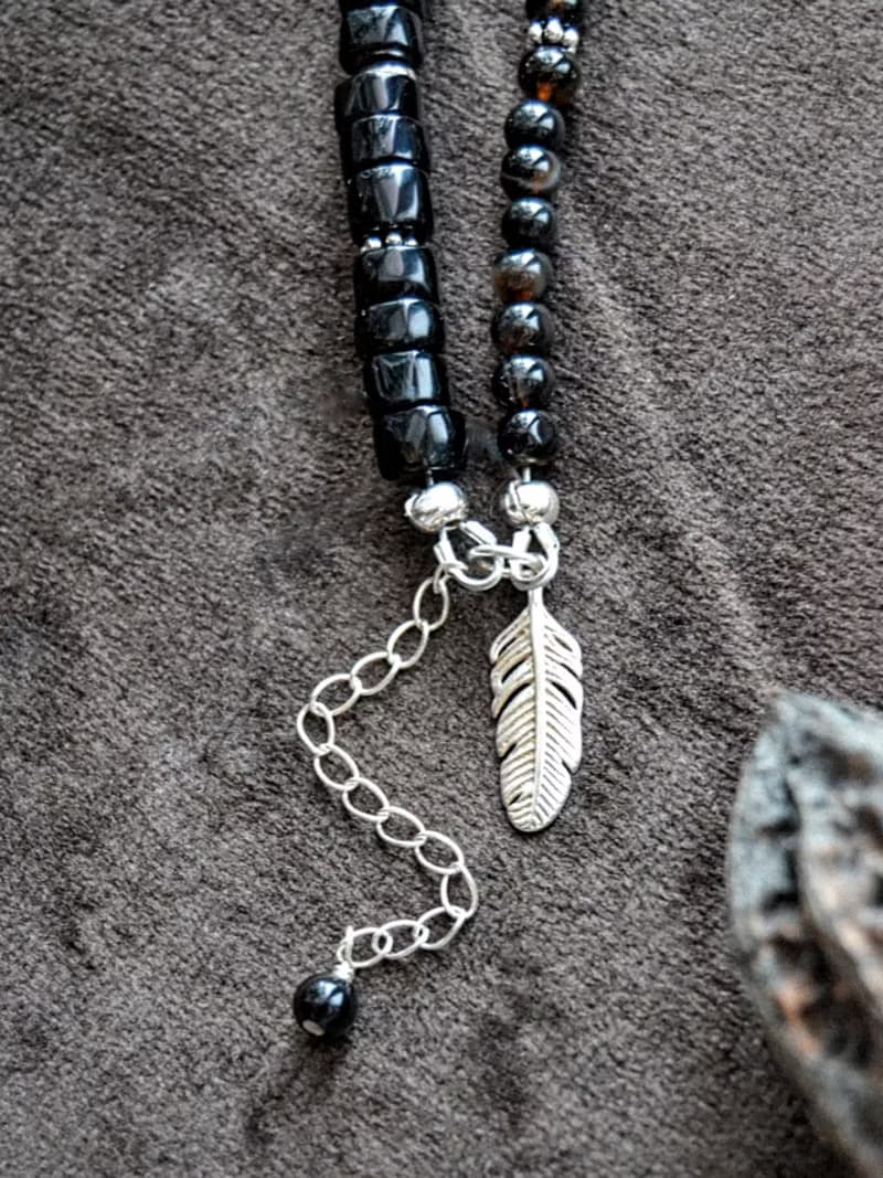 Double Black Onyx bracelet with silver feather