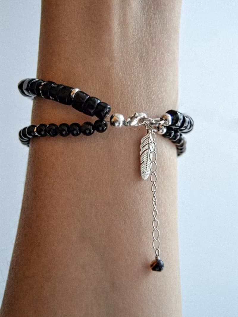 Double Black Onyx bracelet with silver feather