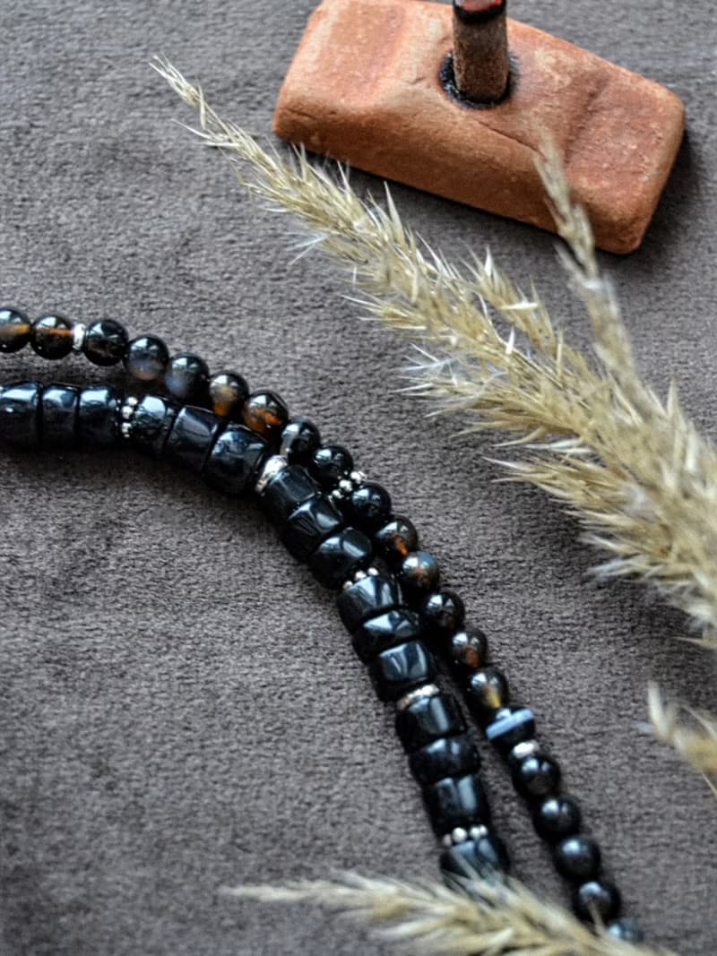 Double Black Onyx bracelet with silver feather