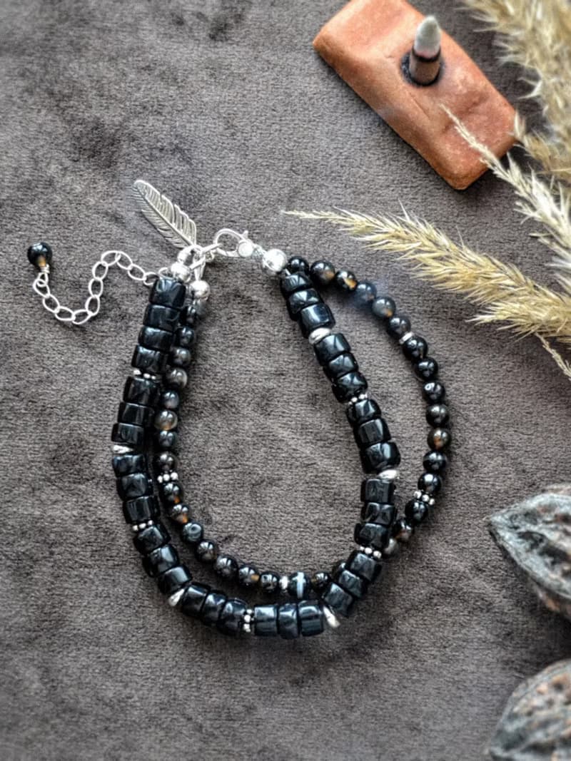 Double Black Onyx bracelet with silver feather