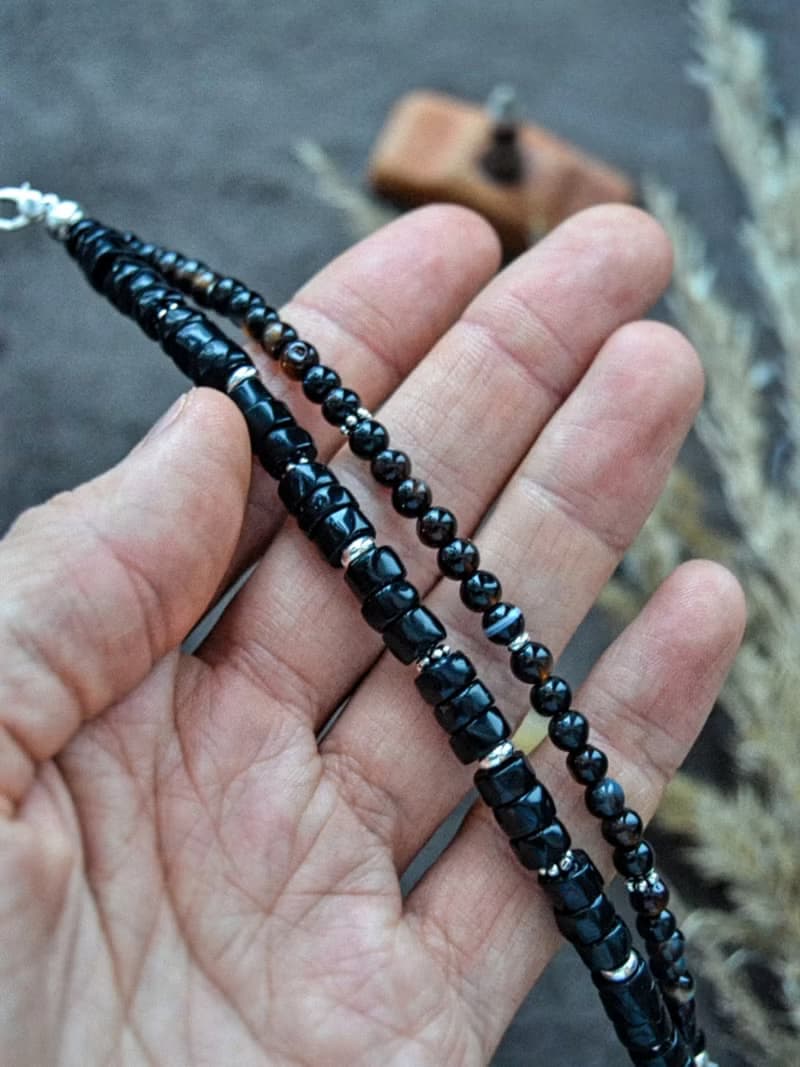 Double Black Onyx bracelet with silver feather