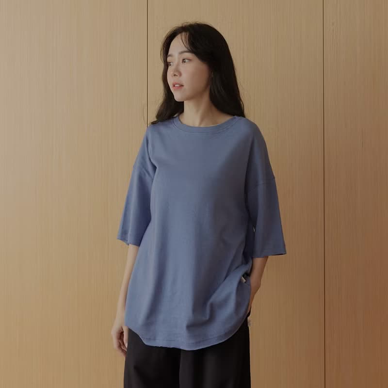 MIT有機棉不收邊落肩五分袖上衣-共4色