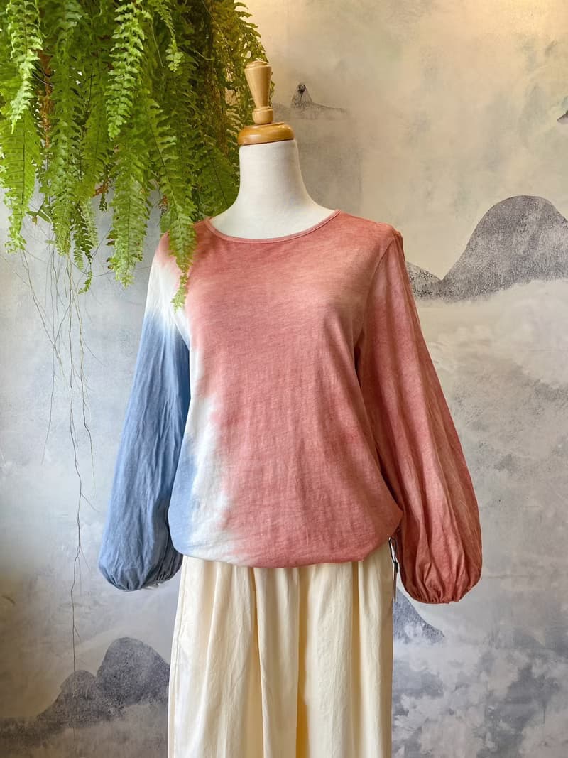 礦物泥染 100%有機棉 長袖圓領上衣  宮廷袖 後綁帶設計