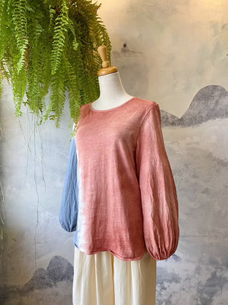 礦物泥染 100%有機棉 長袖圓領上衣  宮廷袖 後綁帶設計