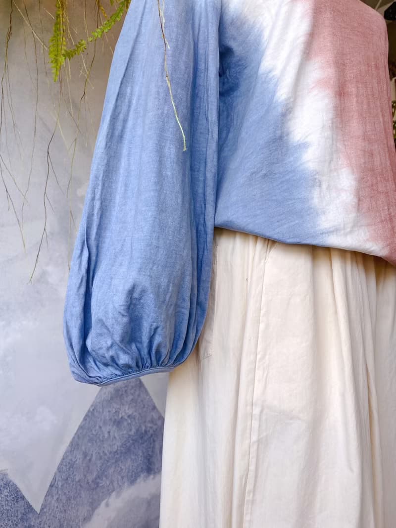 礦物泥染 100%有機棉 長袖圓領上衣  宮廷袖 後綁帶設計