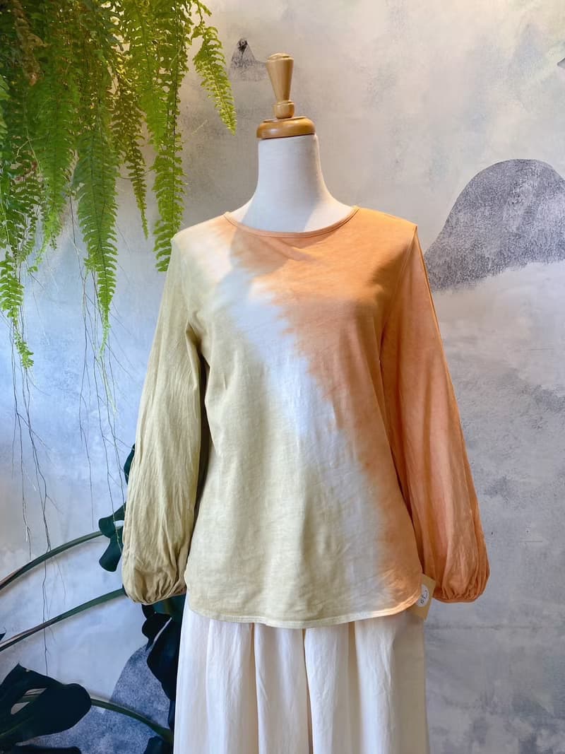 礦物泥染 100%有機棉 長袖圓領上衣  宮廷袖 後綁帶設計