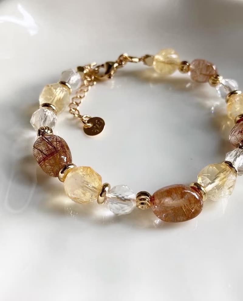 大地色系 天然水晶手鍊 銅髮晶x白水晶x黃阿賽斯特萊