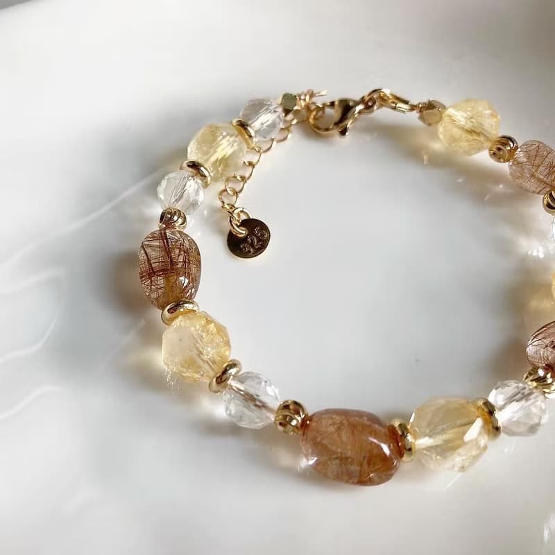大地色系 天然水晶手鍊 銅髮晶x白水晶x黃阿賽斯特萊