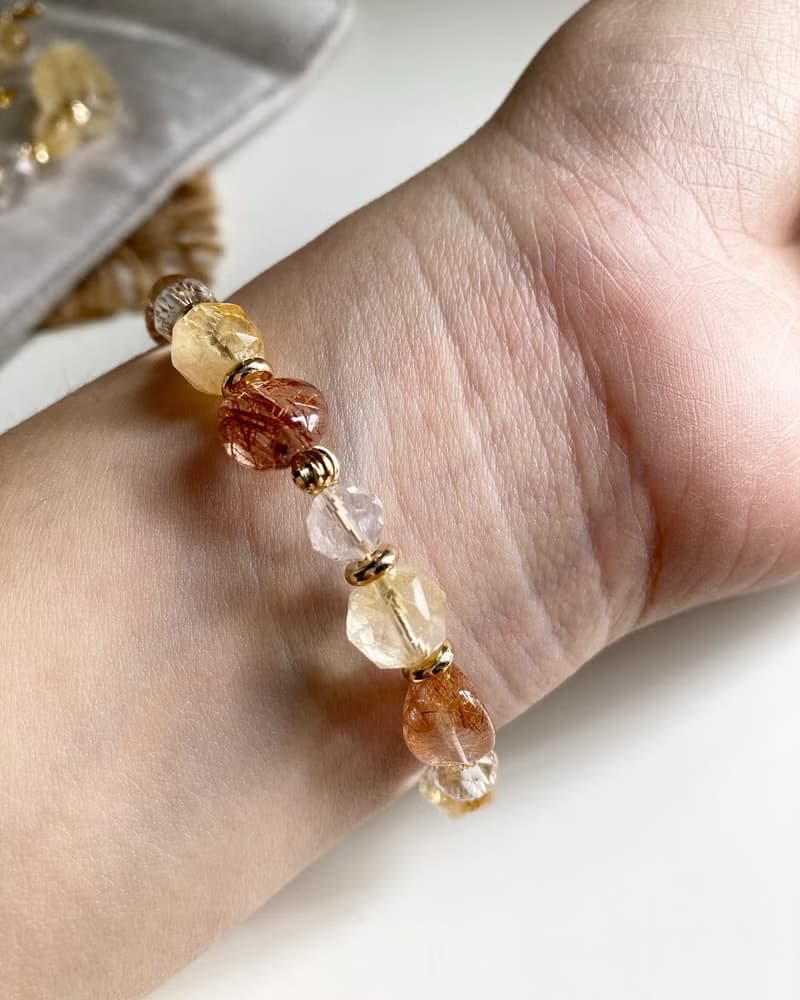 大地色系 天然水晶手鍊 銅髮晶x白水晶x黃阿賽斯特萊
