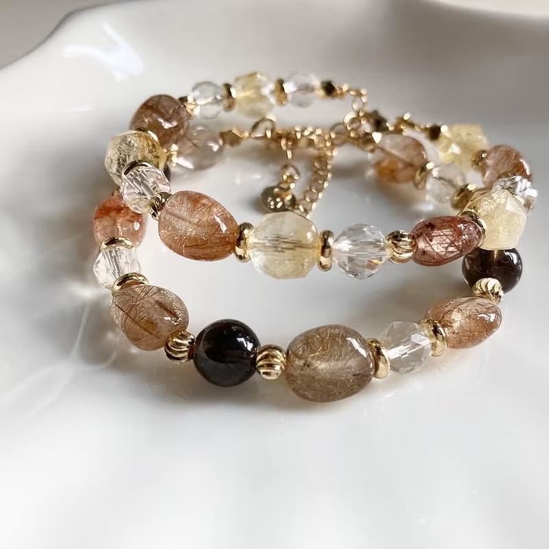 大地色系 天然水晶手鍊 銅髮晶x白水晶x黃阿賽斯特萊