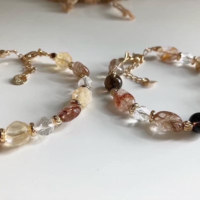 大地色系 天然水晶手鍊 銅髮晶x白水晶x黃阿賽斯特萊