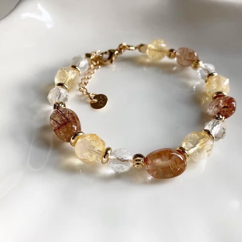 大地色系 天然水晶手鍊 銅髮晶x白水晶x黃阿賽斯特萊