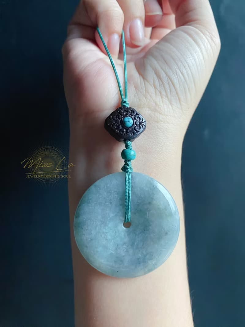 天然緬甸玉翡翠 烏雞 綠底 平安扣 黑檀木 綠松 包掛 手機掛 禮物