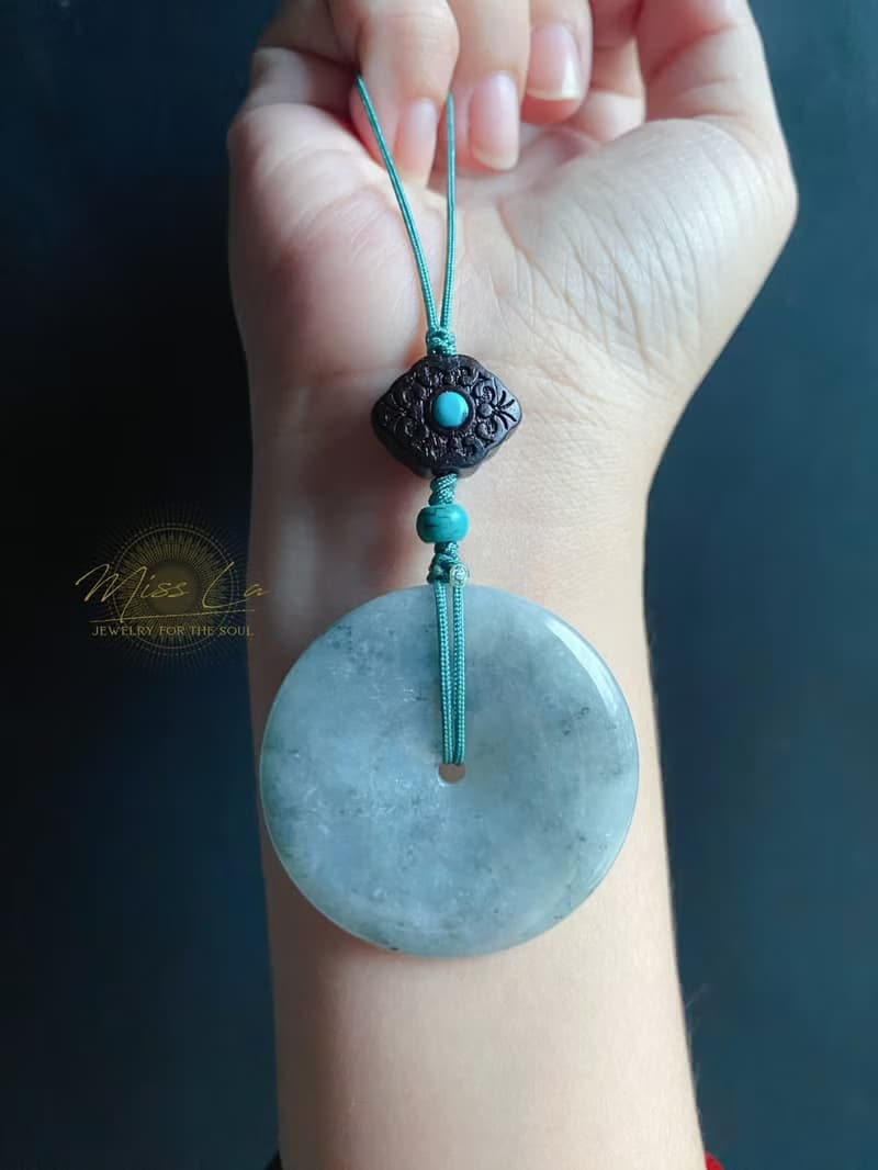 天然緬甸玉翡翠 烏雞 綠底 平安扣 黑檀木 綠松 包掛 手機掛 禮物