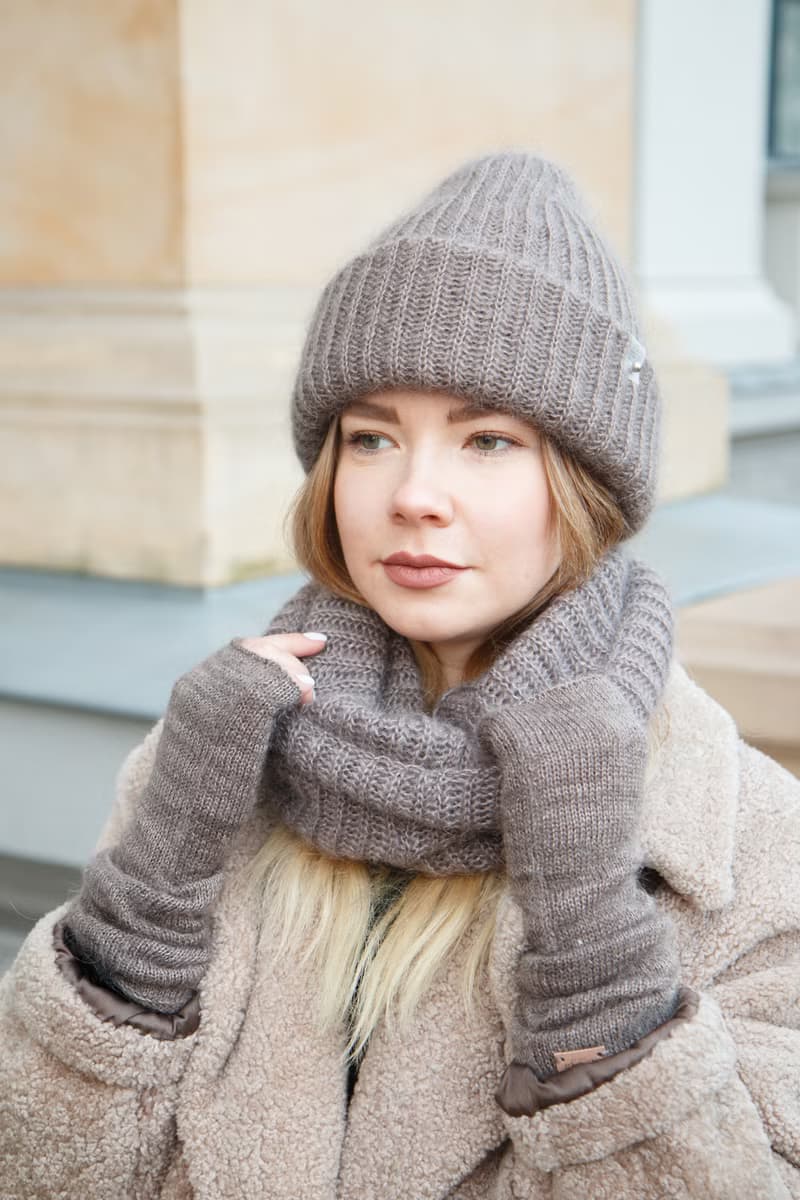 Mohair silk snood. Taupe beige round scarf