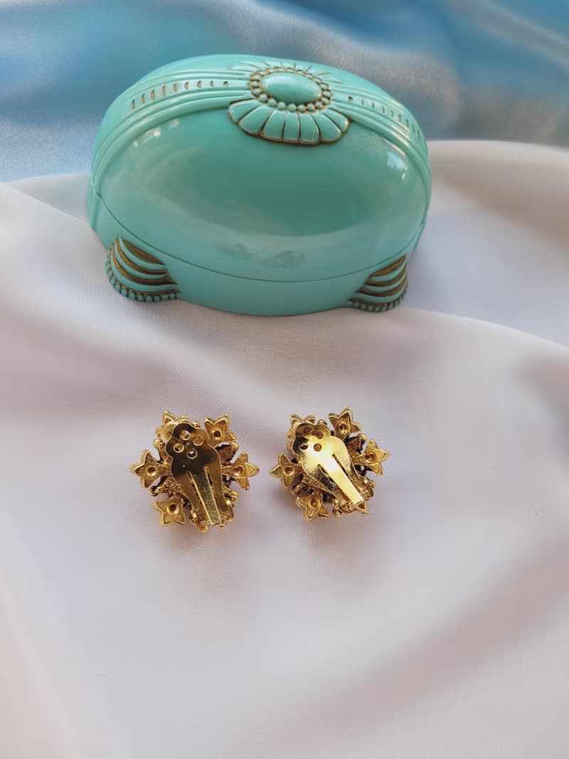 美國西洋古董飾品 / FLORENZA 人造綠松石珍珠 鳶尾花 復古夾式耳環
