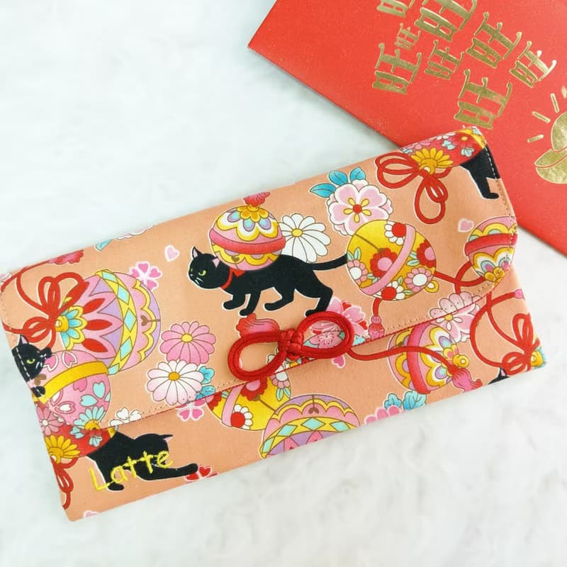 免費繡名字。鈴鐺黑貓。布紅包袋 / 口罩收納袋