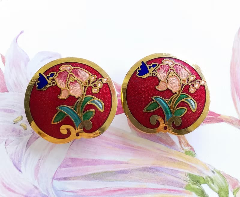 Vintage Jewelry 西洋古董飾品 景泰藍 紅底蝶花  針式耳環