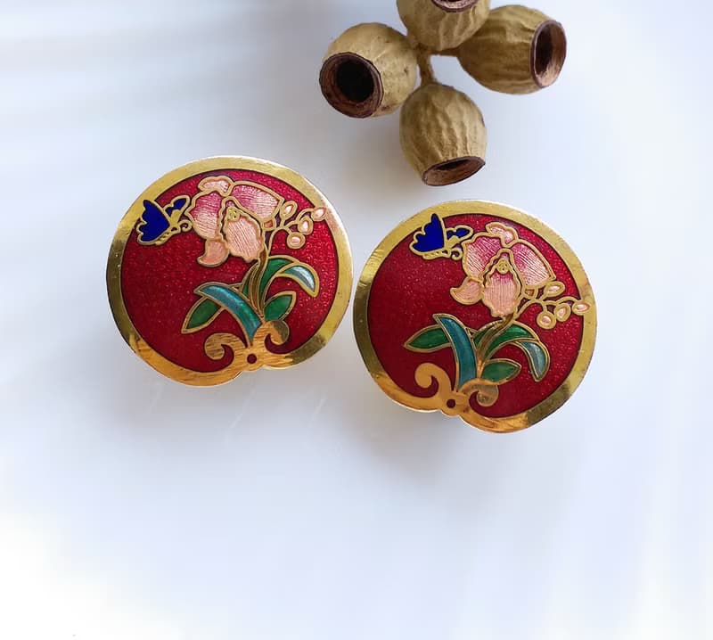 Vintage Jewelry 西洋古董飾品 景泰藍 紅底蝶花  針式耳環