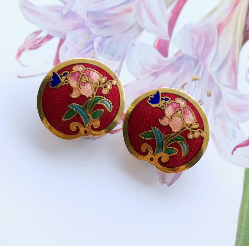 Vintage Jewelry 西洋古董飾品 景泰藍 紅底蝶花  針式耳環