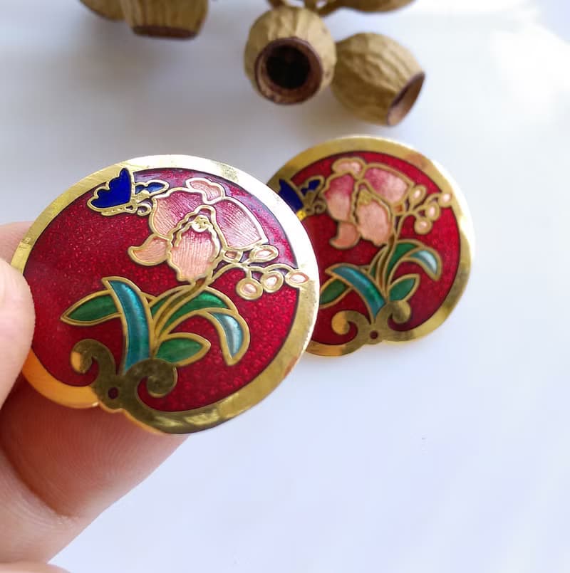 Vintage Jewelry 西洋古董飾品 景泰藍 紅底蝶花  針式耳環