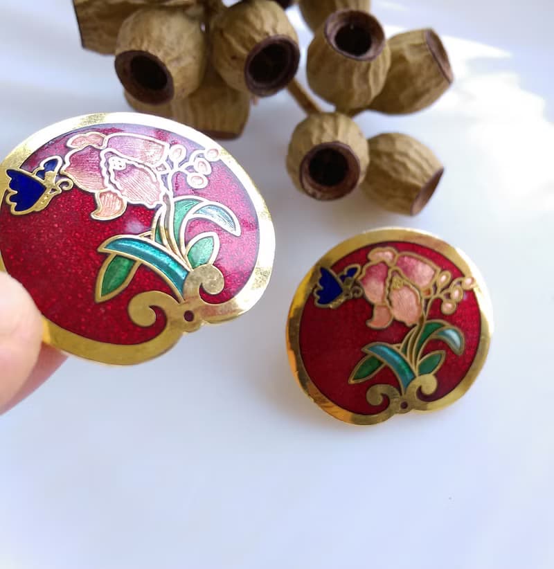Vintage Jewelry 西洋古董飾品 景泰藍 紅底蝶花  針式耳環