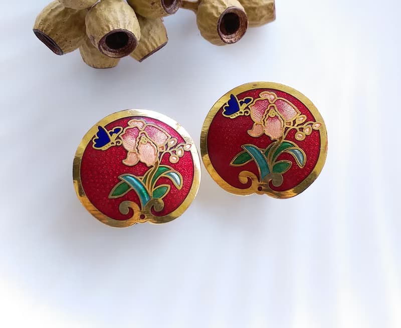Vintage Jewelry 西洋古董飾品 景泰藍 紅底蝶花  針式耳環