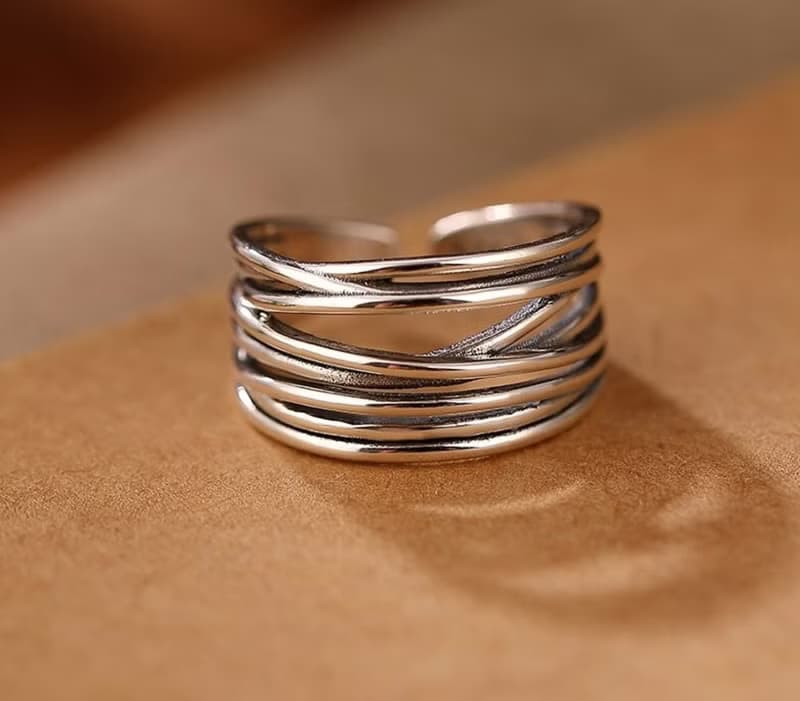 Multi Silver Lines Crossed Hollow Wide Rings Women Glossy 925 Sterling Silver