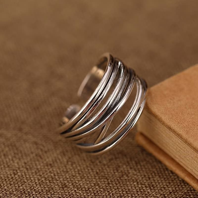 Multi Silver Lines Crossed Hollow Wide Rings Women Glossy 925 Sterling Silver