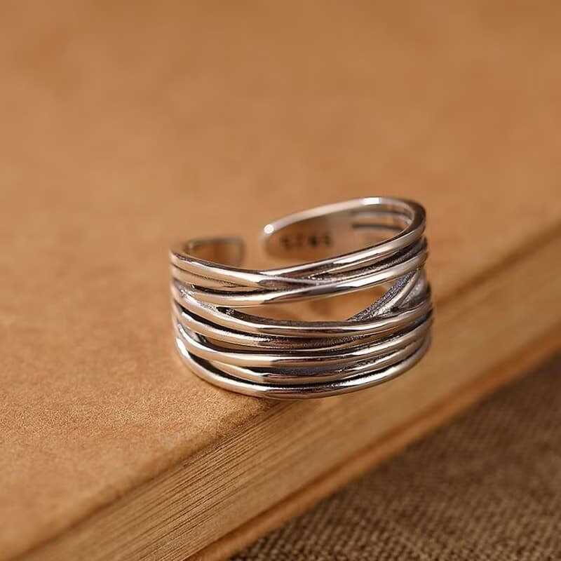 Multi Silver Lines Crossed Hollow Wide Rings Women Glossy 925 Sterling Silver