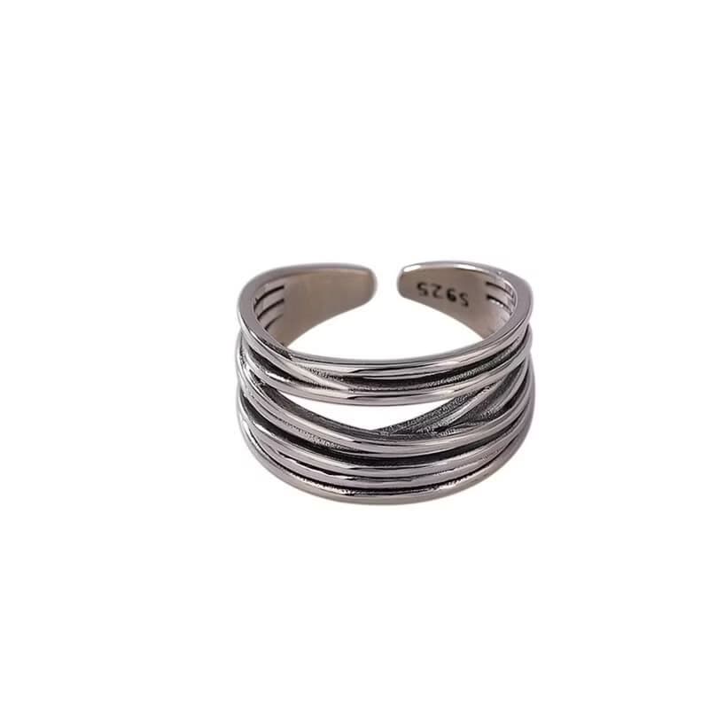 Multi Silver Lines Crossed Hollow Wide Rings Women Glossy 925 Sterling Silver