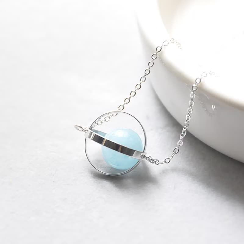 海洋星球。宇宙。銀環。海藍寶。項鍊 Ocean Blue Planet。Galaxy。Sliver Ring。Aquamarine。Necklace。生日禮物。閨蜜禮物。姐妹禮物