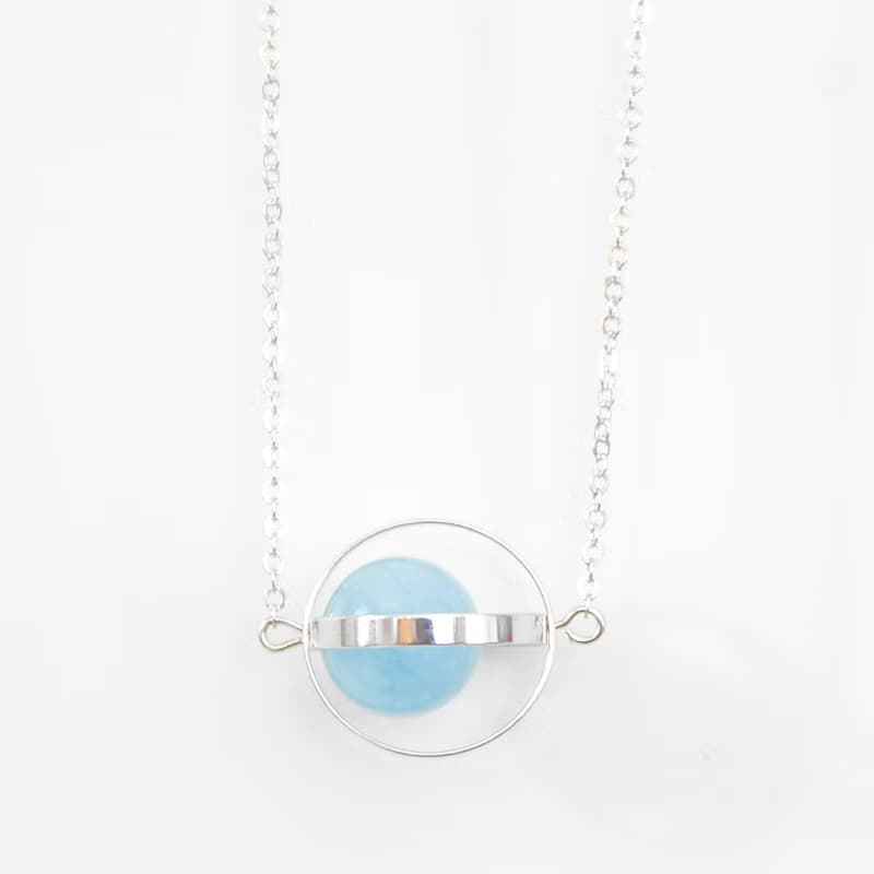 海洋星球。宇宙。銀環。海藍寶。項鍊 Ocean Blue Planet。Galaxy。Sliver Ring。Aquamarine。Necklace。生日禮物。閨蜜禮物。姐妹禮物