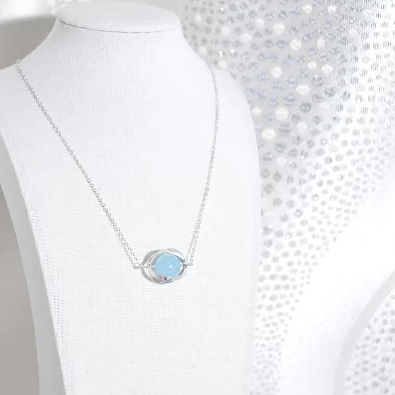 海洋星球。宇宙。銀環。海藍寶。項鍊 Ocean Blue Planet。Galaxy。Sliver Ring。Aquamarine。Necklace。生日禮物。閨蜜禮物。姐妹禮物