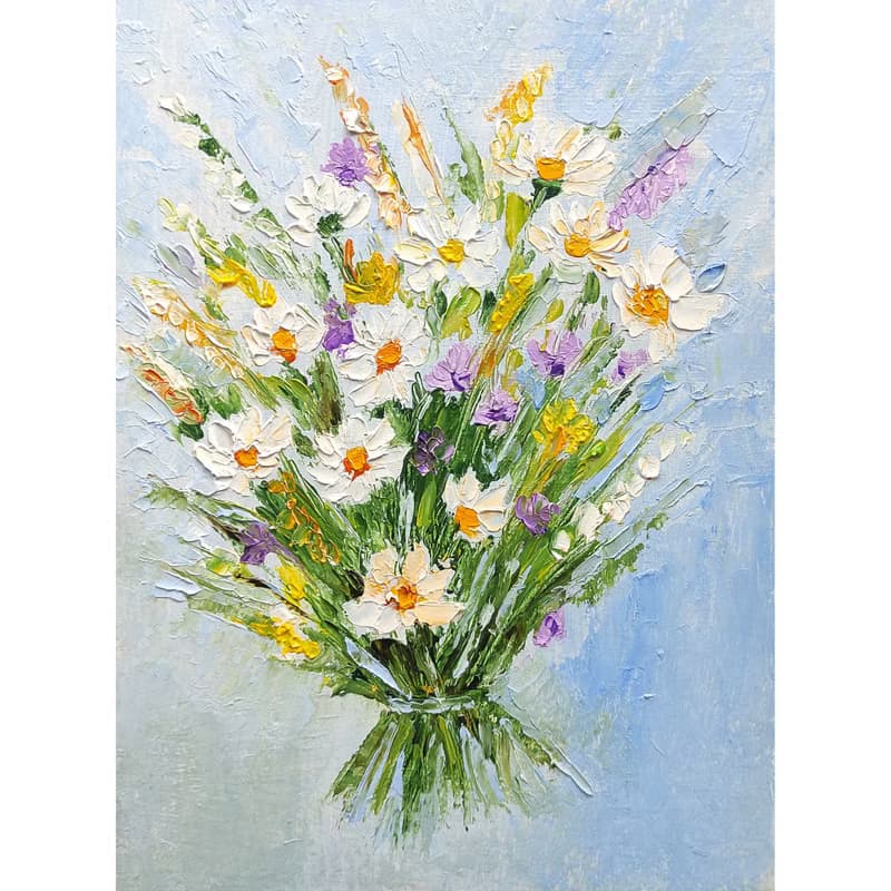 Flower Bouquet Original Painting Daisies Art Floral Impasto Artwork 手工油畫, 油畫原作