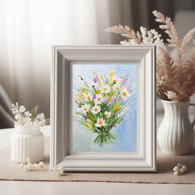 Flower Bouquet Original Painting Daisies Art Floral Impasto Artwork 手工油畫, 油畫原作