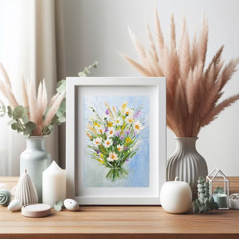 Flower Bouquet Original Painting Daisies Art Floral Impasto Artwork 手工油畫, 油畫原作