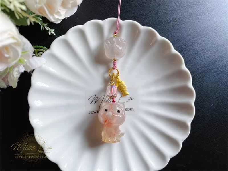 櫻花瑪瑙 貓 貓掌 小魚 可愛 萌 手機鍊 吊飾 天然石 禮物