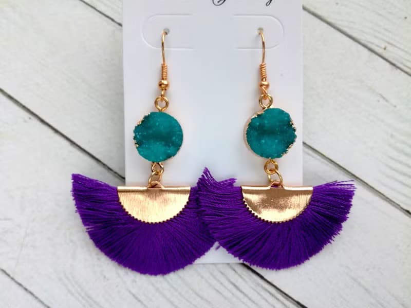 Silk fringe earrings Purple earring Silk tassel earrings Fan tassel Green druzy