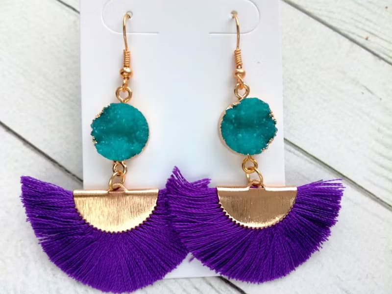 Silk fringe earrings Purple earring Silk tassel earrings Fan tassel Green druzy