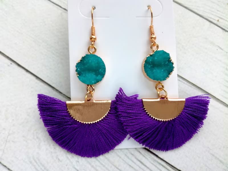 Silk fringe earrings Purple earring Silk tassel earrings Fan tassel Green druzy