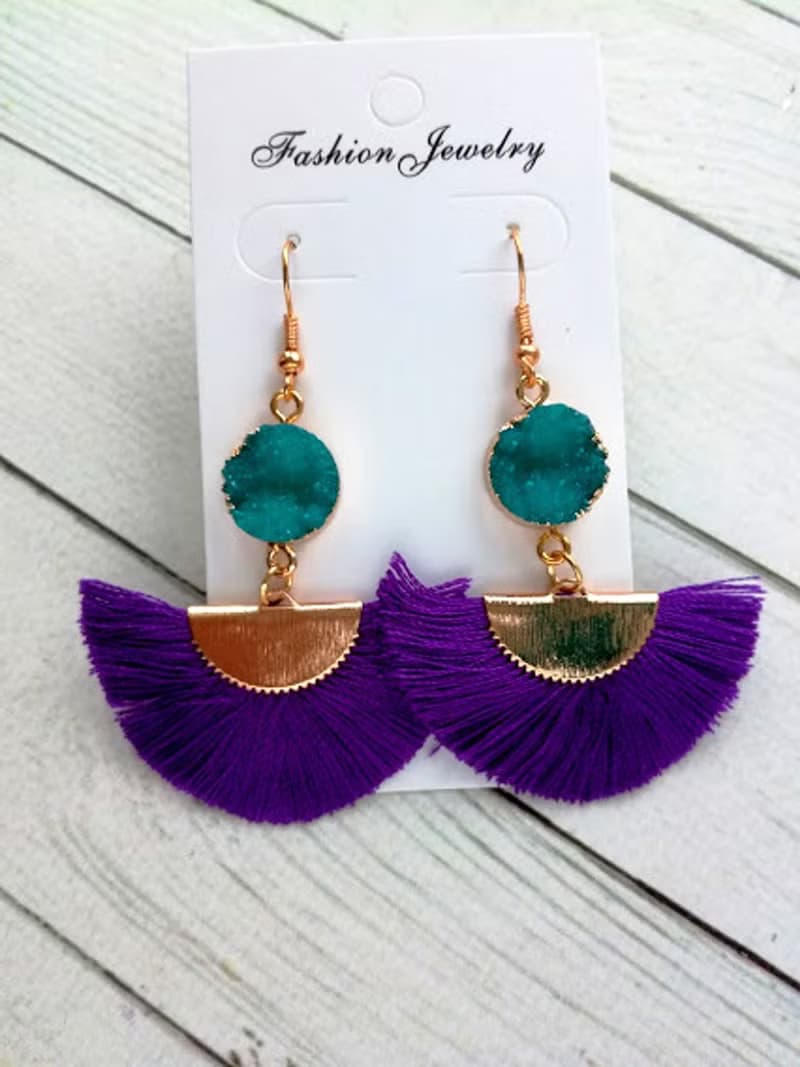 Silk fringe earrings Purple earring Silk tassel earrings Fan tassel Green druzy
