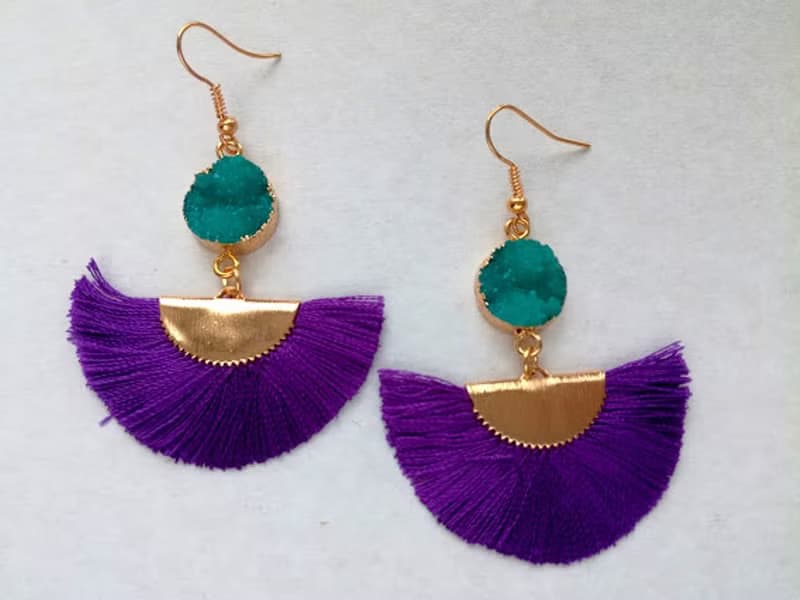 Silk fringe earrings Purple earring Silk tassel earrings Fan tassel Green druzy