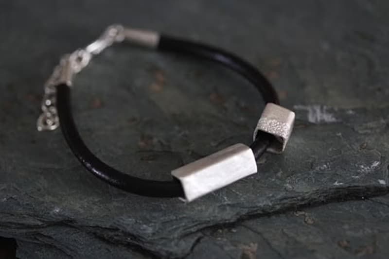 Leather bracelet silver square-profile tube beads (B0067B)